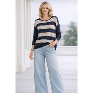 J.Crew Alpaca Merino Wool Sweater Sz L Navy Beige Stripe Scoop Neck Pullover